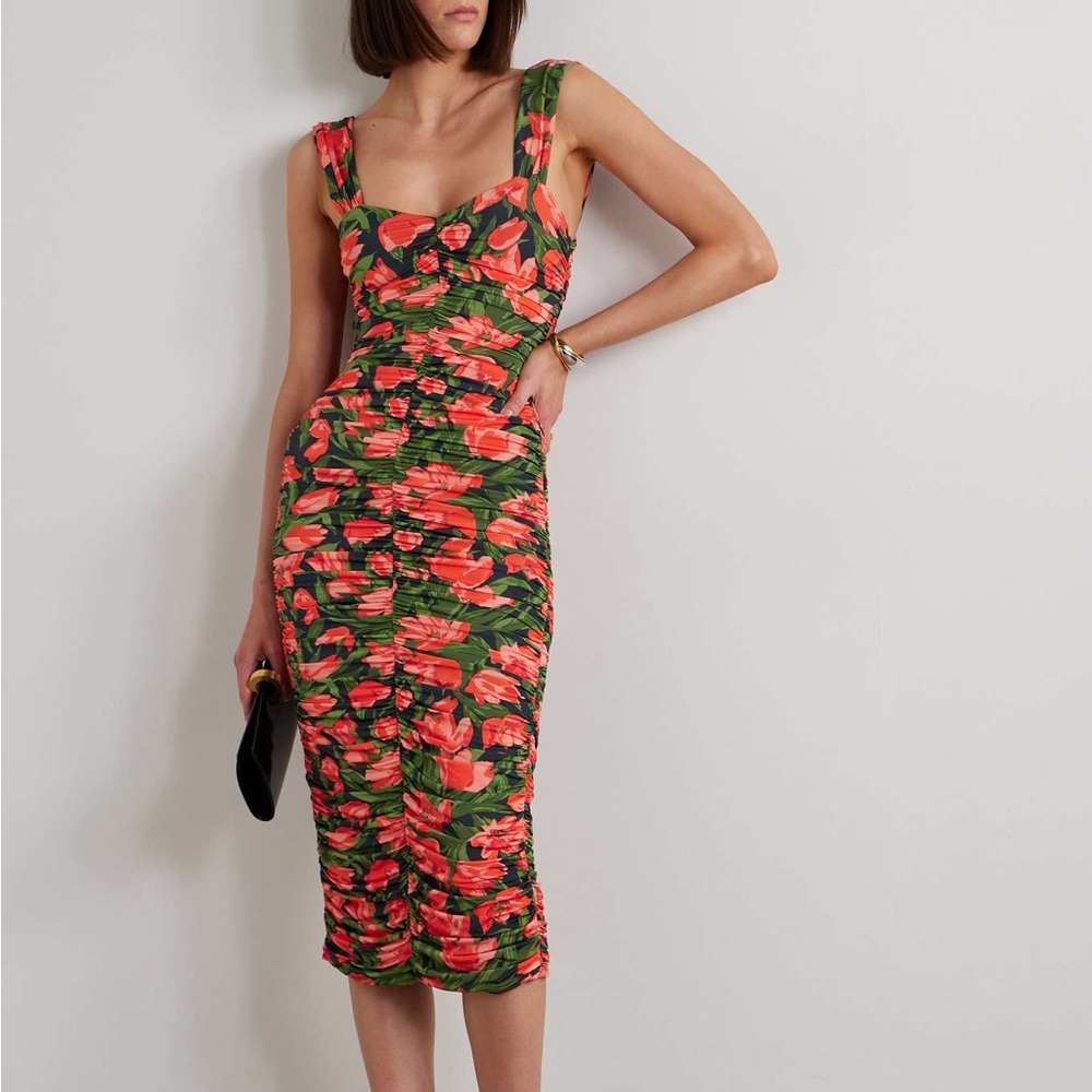 CAROLINA HERRERA
Ruched floral-print stretch-jersey midi dress